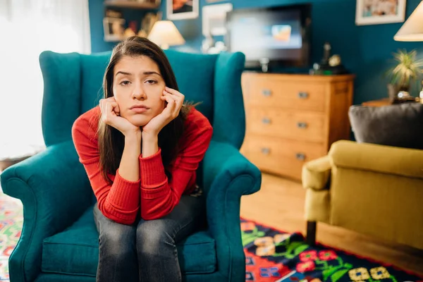 Thinking Sad Woman Bad Mood Overthinking Problems Bored Staying Home — Stock Photo, Image