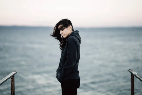 Stressed Sad Woman Bad Mood Overthinking Problems Looking Sea Ocean — Stock Photo, Image