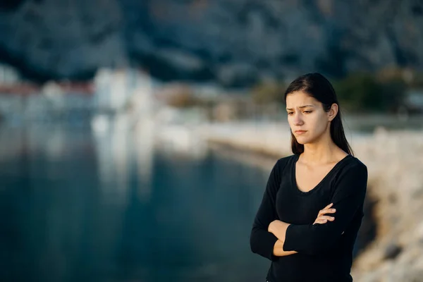 Stressed Sad Woman Bad Mood Overthinking Problems Looking Sea Ocean — Stock Photo, Image