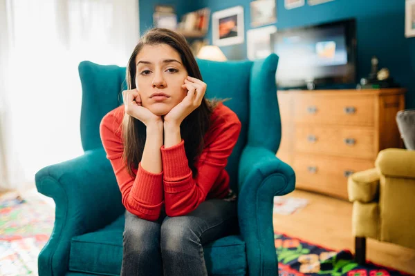 Stressed Sad Woman Bad Mood Overthinking Problems Bored Staying Home — Stock Photo, Image