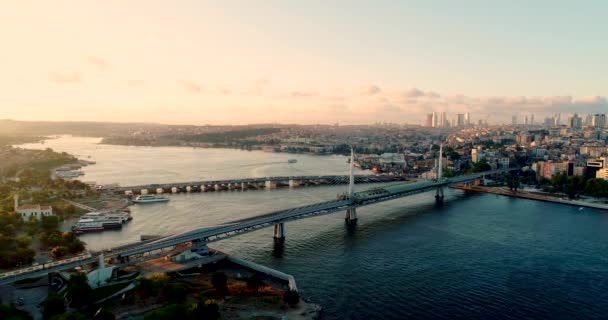 Istanbul Sunset Aerial Footage Golden Horn Metro Bridge Galata Bridge — Video Stock