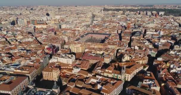 Flygfoto Plaza Mayor Madrid Spanien Vacker Solig Dag Staden Arkitektur — Stockvideo