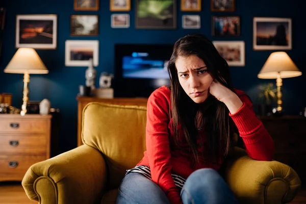 Stressed Woman Thinking Problems Solution Annoyed Bored Home Impatience Anger — Stock Photo, Image