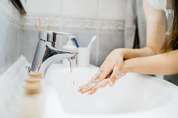 Antiseptic Hand Washing Procedure Soap Water Bathroom Decontamination Steps Hand — Stock Photo, Image