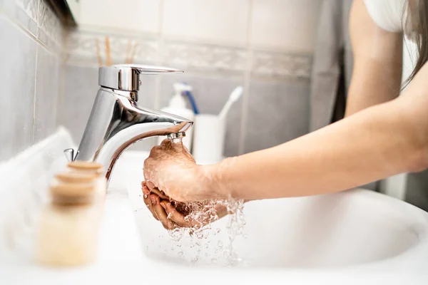 Woman Washing Hands Soap Water Clean Bathroom Decontamination Protocol Hand — Stock Photo, Image