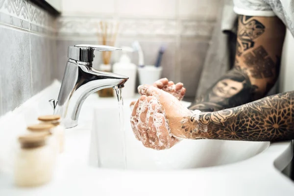 Man Washing Hands Soap Water Clean Bathroom Decontamination Protocol Hand — Stock Photo, Image