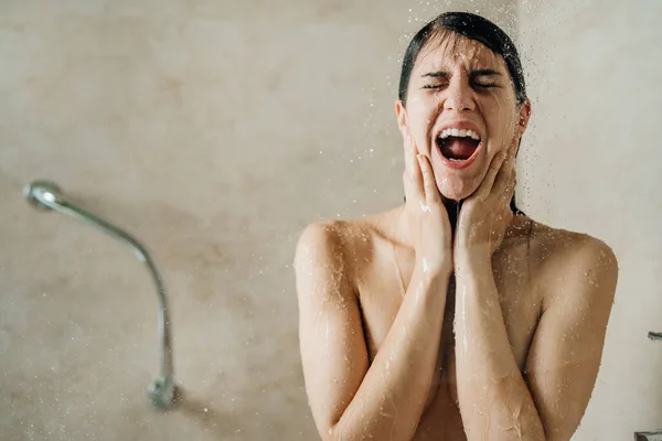 Woman Relaxing Home Hot Shower Ritual Singing Shower Relaxing Spa — Stock Photo, Image