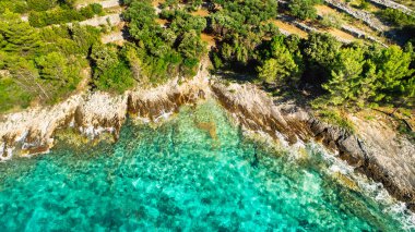Avrupa kıyılarında kristal berrak tropikal temiz deniz suları. Akdeniz mevsimi. Deniz kiri sorunu çözümü. Hırvatistan 'ın Korcula adasının kıyısındaki körfez..