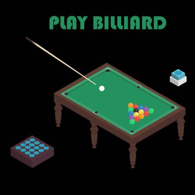 Bilardo izometrik vektör grafik illüstrasyon. Renkli arka plan.