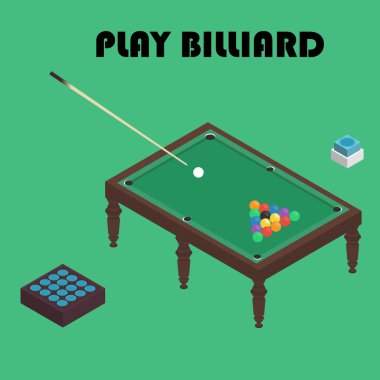 Bilardo izometrik vektör grafik illüstrasyon. Renkli arka plan.