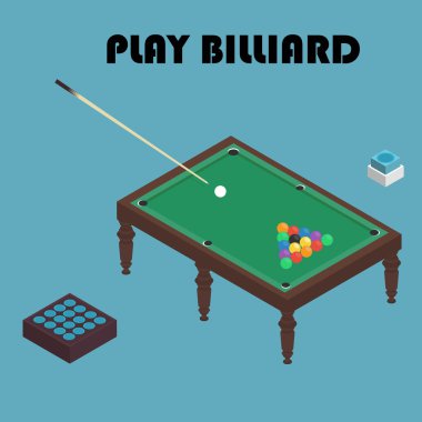 Bilardo izometrik vektör grafik illüstrasyon. Renkli arka plan.