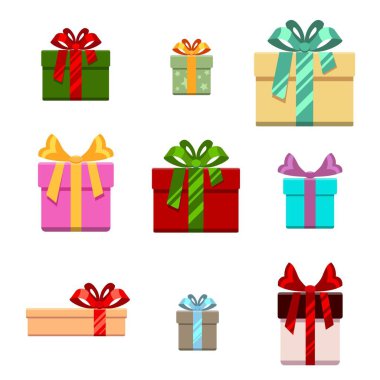 Hediyelik kutu düz ayarlamak ve tarzı çizgi film. doğum günü, mutlu yeni yıl için Noel, vektör çizim