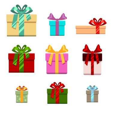 Hediyelik kutu düz ayarlamak ve tarzı çizgi film. doğum günü, mutlu yeni yıl için Noel, vektör çizim