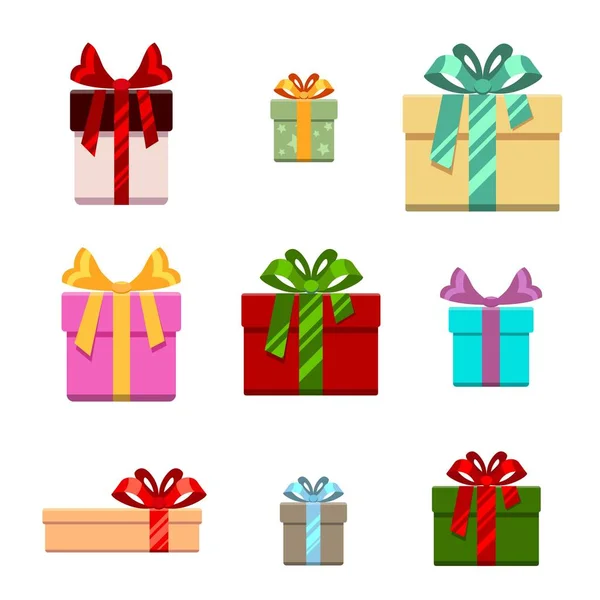 Conjunto de caixa de presente plana e estilo dos desenhos animados. para o aniversário, feliz ano novo natal, ilustração vetorial — Vetor de Stock