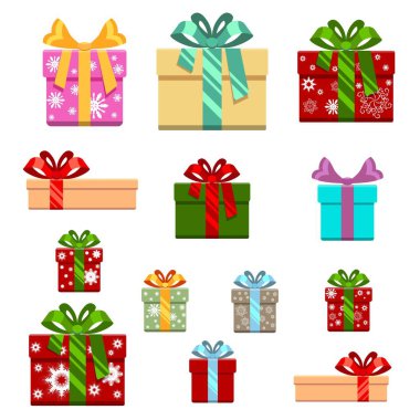 Hediyelik kutu düz ayarlamak ve tarzı çizgi film. doğum günü, mutlu yeni yıl için Noel, vektör çizim. Beyaz arka plan.