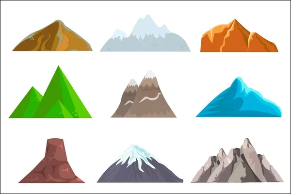 Cartoon kullar och berg inställd, vektorgrafik isolerade landskapselement för webben eller spel design. Vektorillustration. Vit bakgrund. — Stock vektor