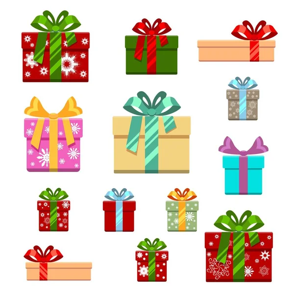 Set de caja regalo plana y estilo de dibujos animados. para el cumpleaños, feliz año nuevo navidad, ilustración de vectores. Fondo blanco . — Archivo Imágenes Vectoriales