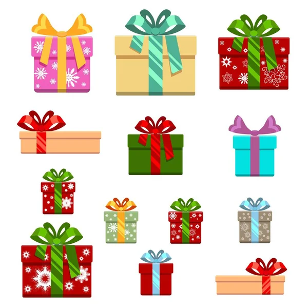 Set de caja regalo plana y estilo de dibujos animados. para el cumpleaños, feliz año nuevo navidad, ilustración de vectores. Fondo blanco . — Vector de stock