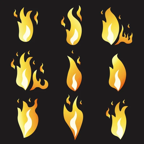 Conjunto de fuego de animación e ilustración varios. Estilo plano de dibujos animados. Marcos de explosión. Vector. Fondo negro . — Archivo Imágenes Vectoriales