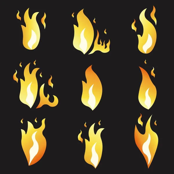 Conjunto de fuego de animación e ilustración varios. Estilo plano de dibujos animados. Marcos de explosión. Vector. Fondo negro . — Archivo Imágenes Vectoriales