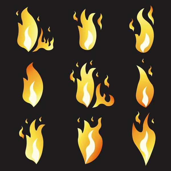 Conjunto de fuego de animación e ilustración varios. Estilo plano de dibujos animados. Marcos de explosión. Vector. Fondo negro . — Archivo Imágenes Vectoriales