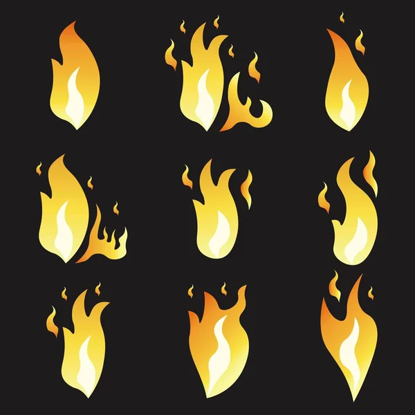 Conjunto de fuego de animación e ilustración varios. Estilo plano de dibujos animados. Marcos de explosión. Vector. Fondo negro . — Archivo Imágenes Vectoriales