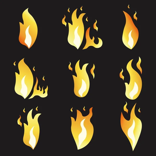 Conjunto de fuego de animación e ilustración varios. Estilo plano de dibujos animados. Marcos de explosión. Vector. Fondo negro . — Archivo Imágenes Vectoriales