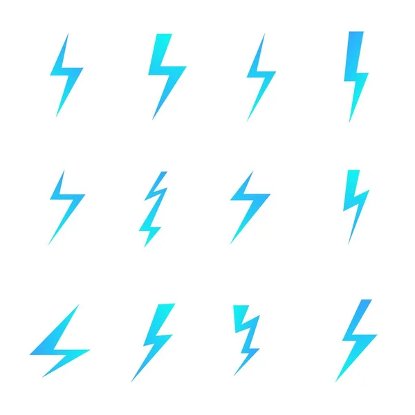 Uppsättning av blå blixtar isolerade över vit bakgrund. Tecknad och platt stil designelement. Vektorillustration — Stock vektor