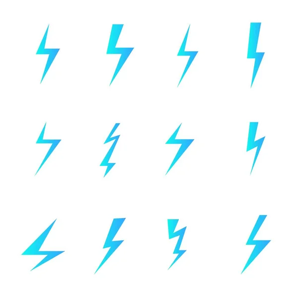 Set of blue lightnings isolated over white background. Cartoon and flat style design elements. Vector illustration — Stock Vector