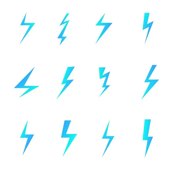 Set of blue lightnings isolated over white background. Cartoon and flat style design elements. Vector illustration — Stock Vector