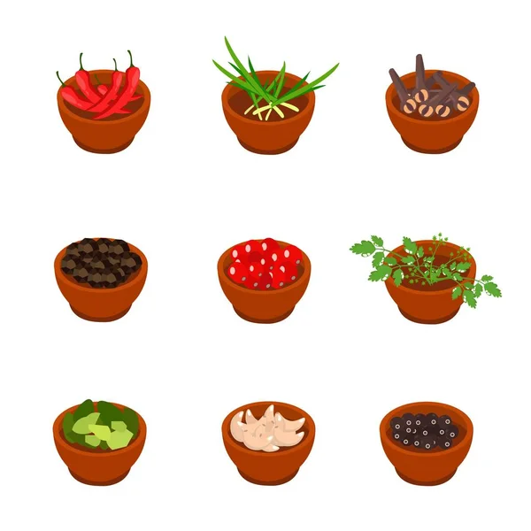 Isometric and cartoon style flavorful spices, condiments icon. Vector illustration. White background. — Stock Vector
