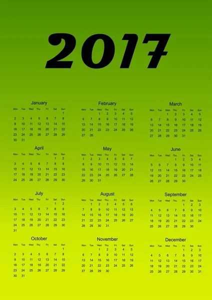 Kalender voor 2017. Groene achtergrond met kleurovergang. Vectorillustratie. — Stockvector