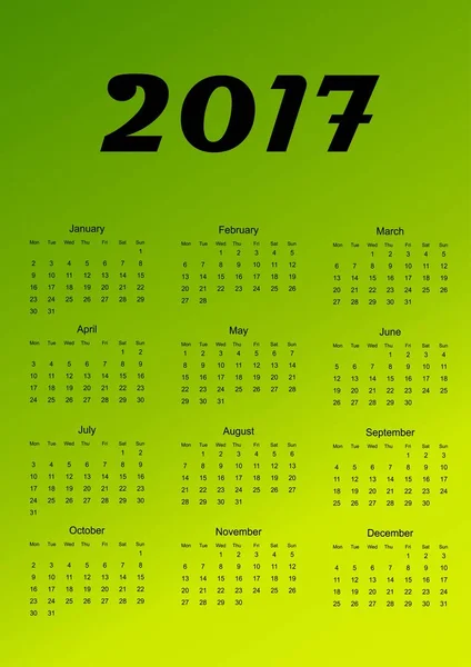 Kalendář na rok 2017. Zelená gradientní pozadí. Vektorové ilustrace. — Stockový vektor