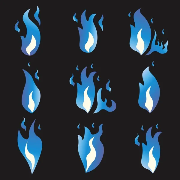 Set di fiamme di sprite di animazione Blue Fire. Cartone animato e stile piatto. Fondo nero. Illustrazione vettoriale . — Vettoriale Stock