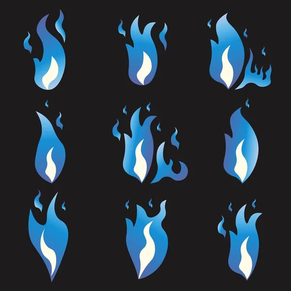 Set Blue fire Megacoaster animatie sprite vlammen. Cartoon en vlakke stijl. Zwarte achtergrond. Vectorillustratie. — Stockvector