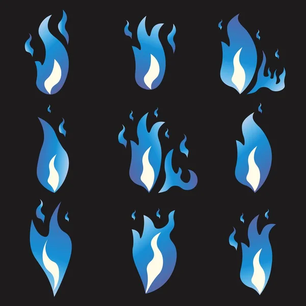 Conjunto de llamas de sprite de animación de fuego azul. Dibujos animados y estilo plano. Fondo negro. Ilustración vectorial . — Archivo Imágenes Vectoriales