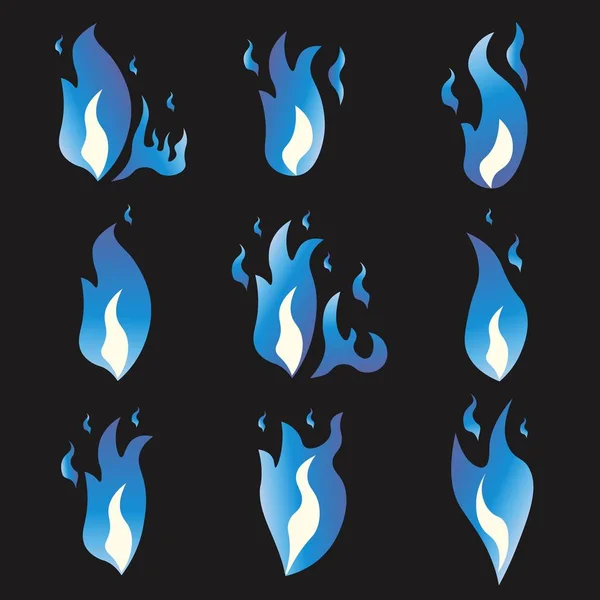 Conjunto de llamas de sprite de animación de fuego azul. Dibujos animados y estilo plano. Fondo negro. Ilustración vectorial . — Archivo Imágenes Vectoriales