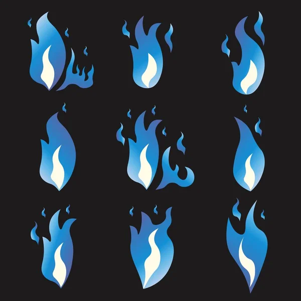 Conjunto de llamas de sprite de animación de fuego azul. Dibujos animados y estilo plano. Fondo negro. Ilustración vectorial . — Archivo Imágenes Vectoriales