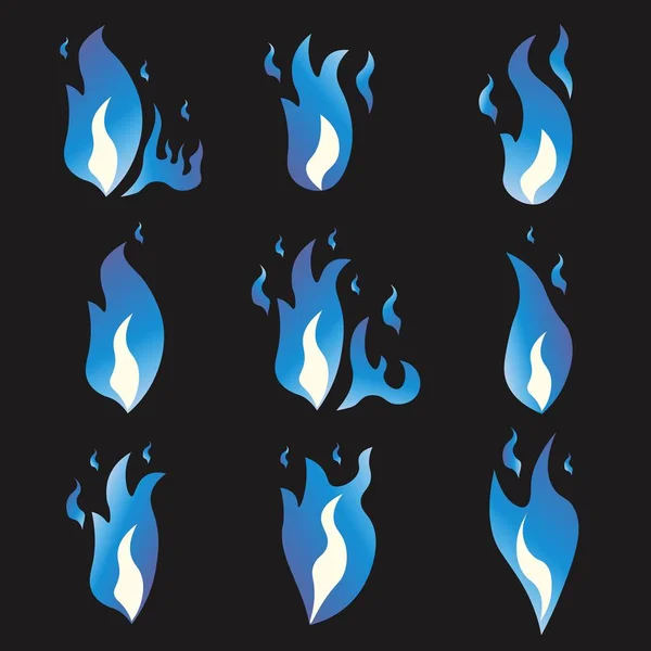 Set of Blue fire animation sprite flames. Cartoon and flat style. Black background. Vector illustration. — Stock Vector