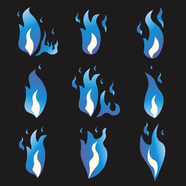 Állítsa be a kék tűz animáció kobold-lángok. Cartoon és lapos stílusú. Fekete háttér. Vektoros illusztráció. — Stock Vector