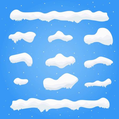 Kar kapaklar, kartopu ve snowdrifts ayarlayın. Kış dekorasyon öğesi. Mavi arka plan karlı öğelerinde. Çizgi film şablonu. Kar yağışı ve hareketli kar taneleri. Vektör çizim.