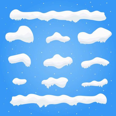 Kar kapaklar, kartopu ve snowdrifts ayarlayın. Kış dekorasyon öğesi. Mavi arka plan karlı öğelerinde. Çizgi film şablonu. Kar yağışı ve hareketli kar taneleri. Vektör çizim.