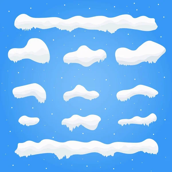 Doppen van de sneeuw, sneeuwballen en sneeuwlaag instellen. Winter decoratie element. Besneeuwde elementen op blauwe achtergrond. Cartoon sjabloon. Sneeuwval en sneeuw in beweging. Vectorillustratie. — Stockvector