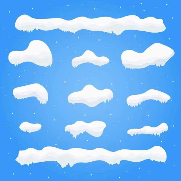 Doppen van de sneeuw, sneeuwballen en sneeuwlaag instellen. Winter decoratie element. Besneeuwde elementen op blauwe achtergrond. Cartoon sjabloon. Sneeuwval en sneeuw in beweging. Vectorillustratie. — Stockvector