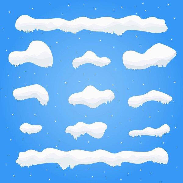 Snow caps, snowballs and snowdrifts set. Winter decoration element. Snowy elements on blue background. Cartoon template. Snowfall and snowflakes in motion.Vector Illustration.