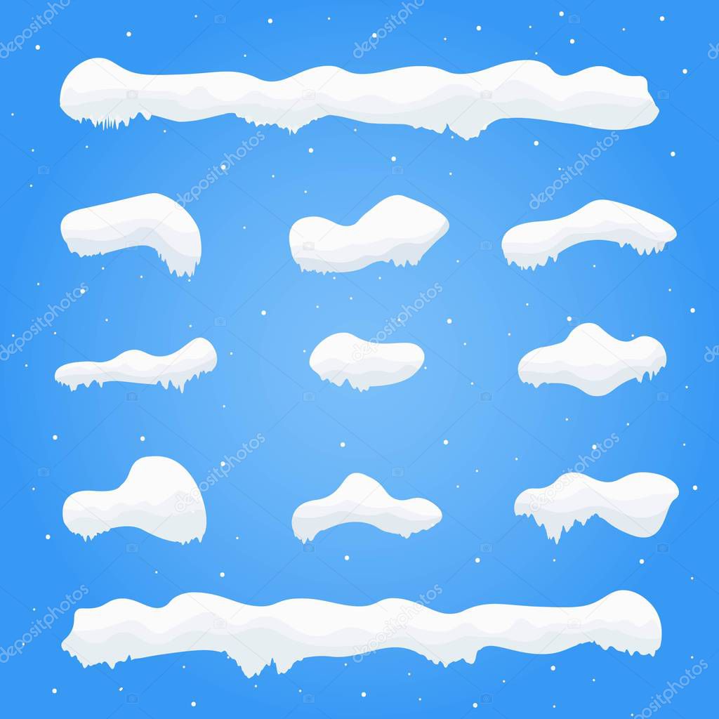 Snow caps, snowballs and snowdrifts set. Winter decoration element. Snowy elements on blue background. Cartoon template. Snowfall and snowflakes in motion.Vector Illustration.