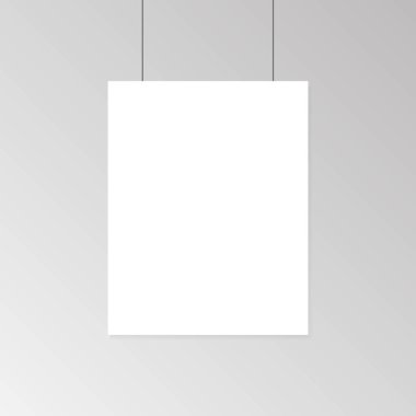 Gerçekçi boş beyaz kağıt poster duvara mockup üzerinde asılı. Şablon sayfa afiş Sergisi için. Vektör çizim.
