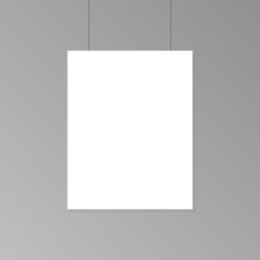 Gerçekçi boş beyaz kağıt poster duvara mockup üzerinde asılı. Şablon sayfa afiş Sergisi için. Vektör çizim.
