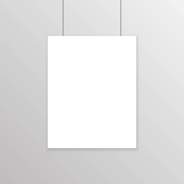 Gerçekçi boş beyaz kağıt poster duvara mockup üzerinde asılı. Şablon sayfa afiş Sergisi için. Vektör çizim.