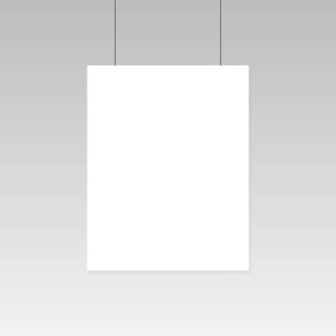 Gerçekçi boş beyaz kağıt poster duvara mockup üzerinde asılı. Şablon sayfa afiş Sergisi için. Vektör çizim.